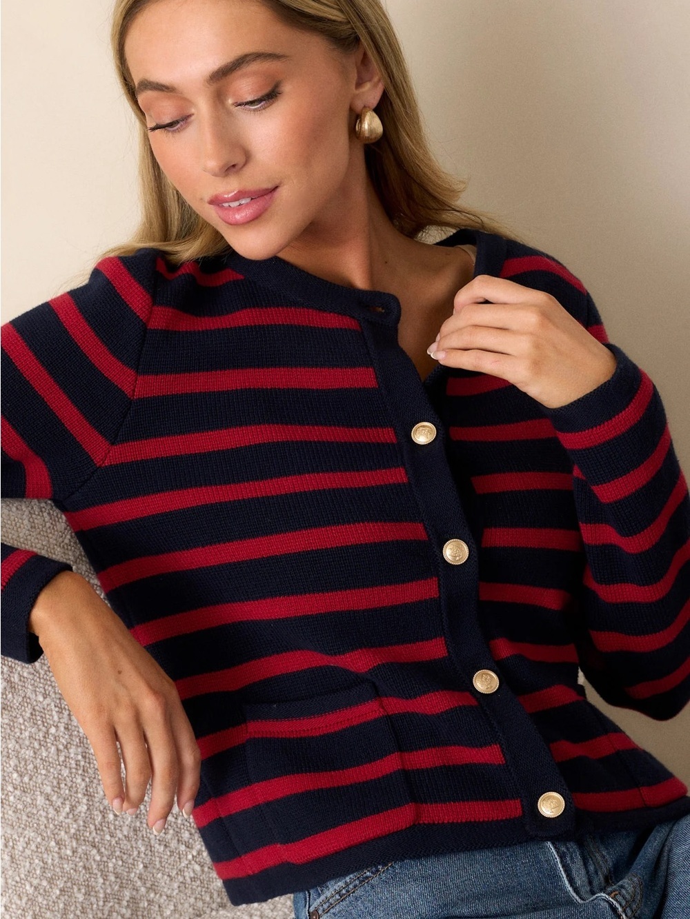 Tommy Hilfiger Cashmere Cottom Blend Striped Navy and Red Button-Front Cardigan